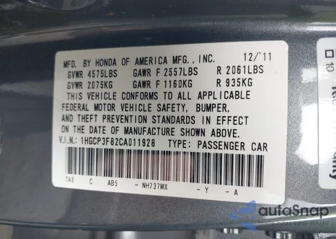 2012 Honda Accord 3.5 Ex-L z USA, uszkodzony, nr VIN 1HGCP3F82CA011928